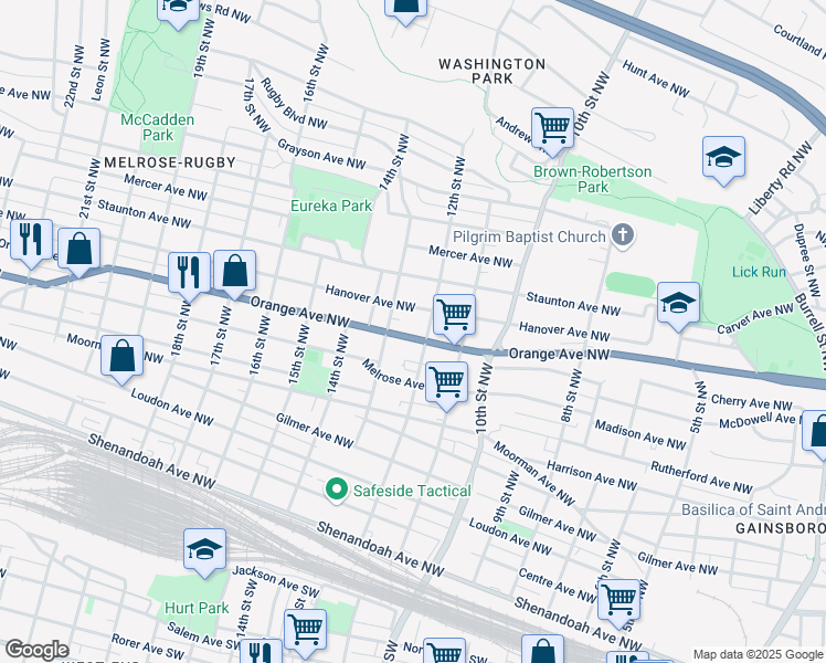 map of restaurants, bars, coffee shops, grocery stores, and more near 1211 Orange Avenue Northwest in Roanoke