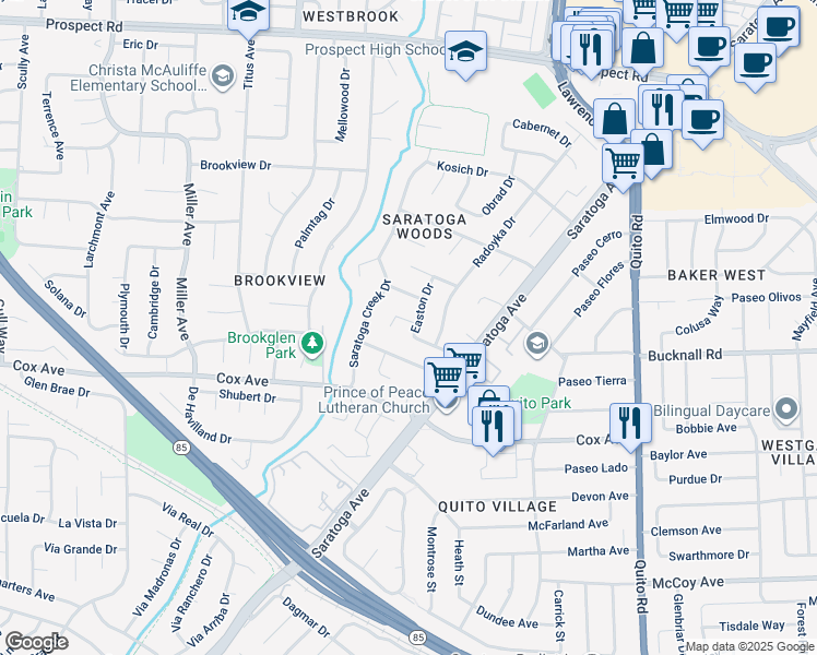 map of restaurants, bars, coffee shops, grocery stores, and more near 18920 Easton Place in Saratoga