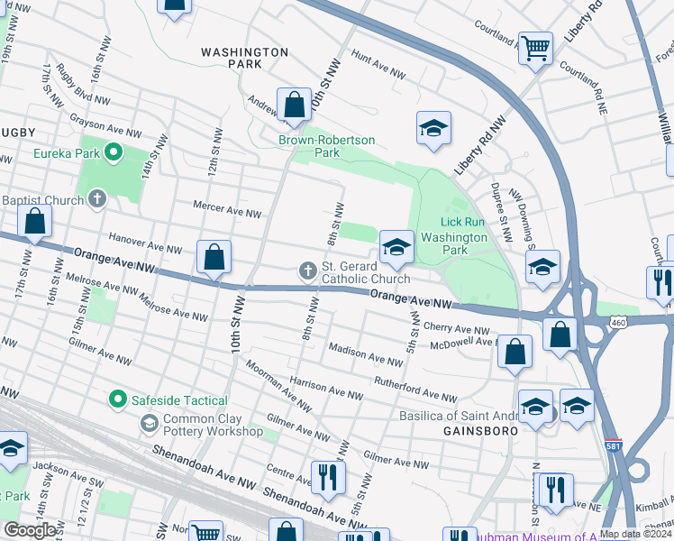 map of restaurants, bars, coffee shops, grocery stores, and more near 723 Hanover Avenue Northwest in Roanoke