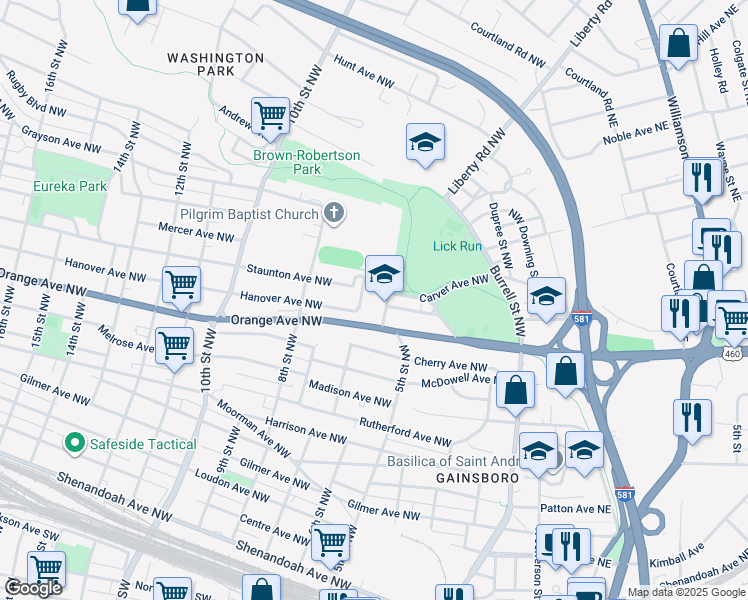 map of restaurants, bars, coffee shops, grocery stores, and more near 1220 5th Street Northwest in Roanoke