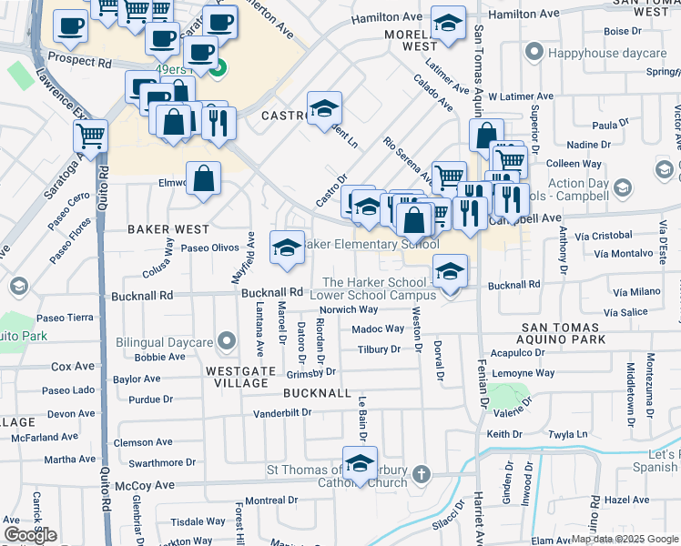 map of restaurants, bars, coffee shops, grocery stores, and more near 153 Fulton Street in Campbell
