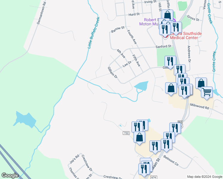 map of restaurants, bars, coffee shops, grocery stores, and more near 119 Jesse's Way in Farmville