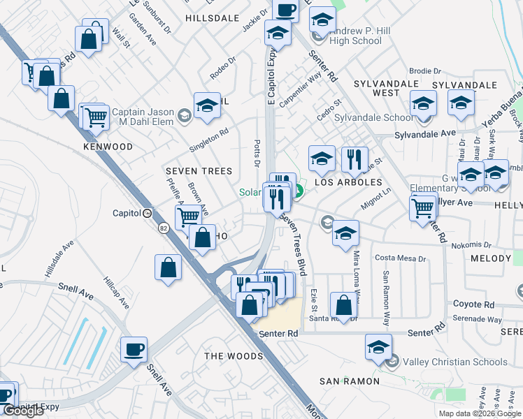 map of restaurants, bars, coffee shops, grocery stores, and more near 3822 Seven Trees Boulevard in San Jose
