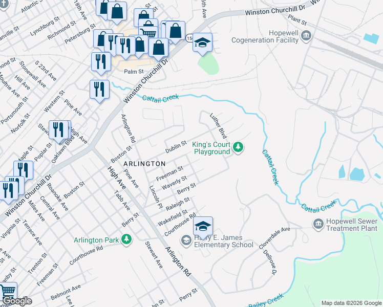 map of restaurants, bars, coffee shops, grocery stores, and more near 2107 Freeman Street in Hopewell