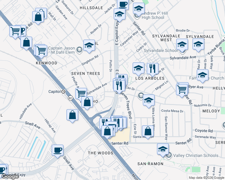 map of restaurants, bars, coffee shops, grocery stores, and more near 3822 7 Trees Boulevard in San Jose