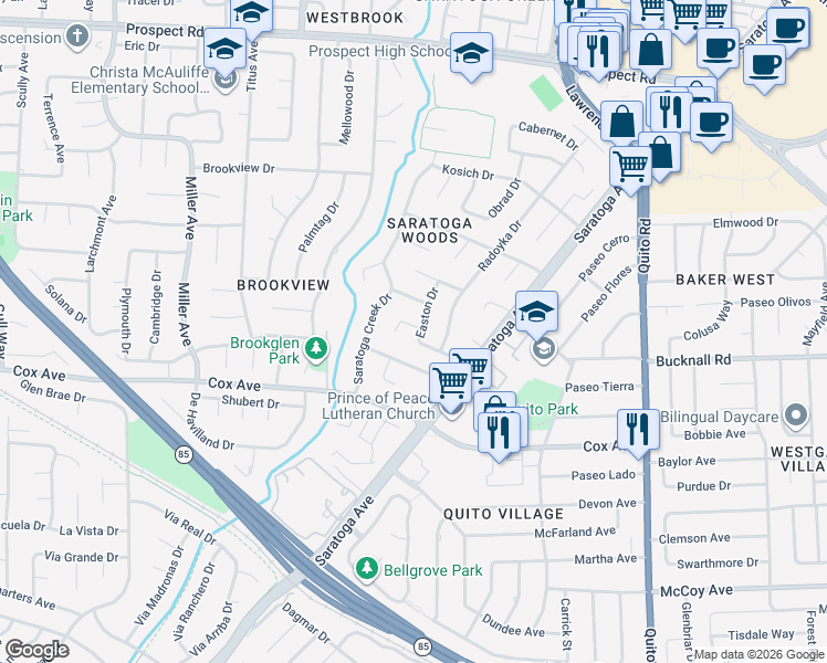 map of restaurants, bars, coffee shops, grocery stores, and more near 18920 Easton Place in Saratoga