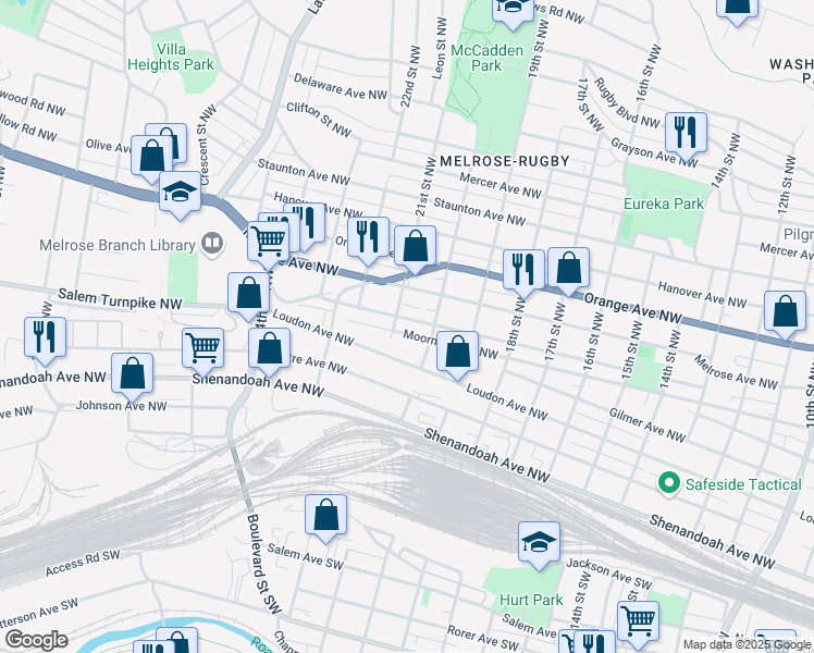 map of restaurants, bars, coffee shops, grocery stores, and more near 2023 Moorman Avenue Northwest in Roanoke
