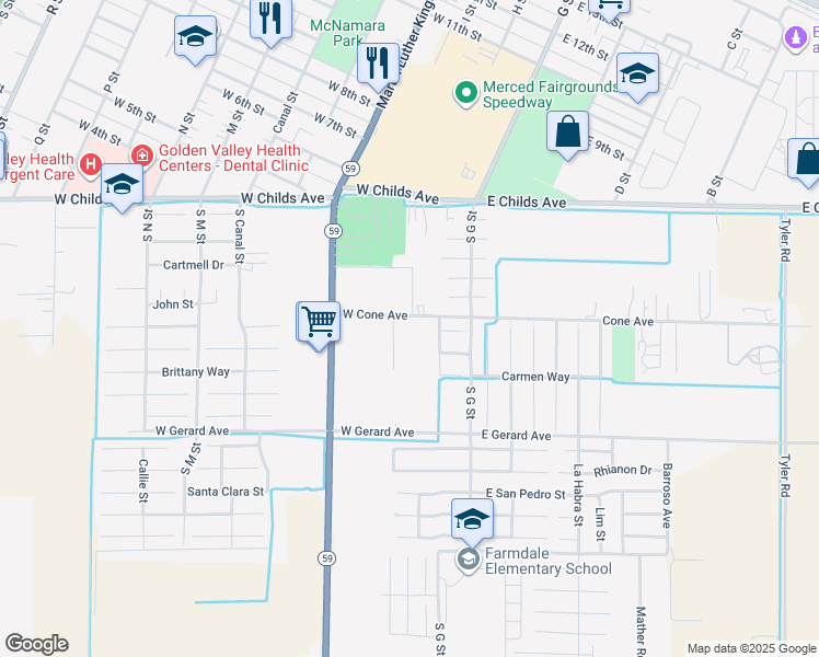 map of restaurants, bars, coffee shops, grocery stores, and more near 122 Cone Avenue in Merced