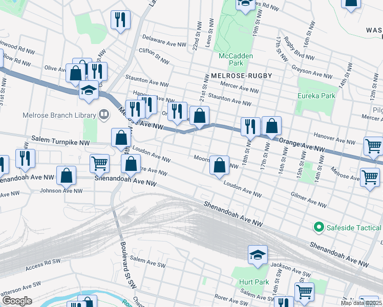 map of restaurants, bars, coffee shops, grocery stores, and more near 2031 Moorman Avenue Northwest in Roanoke