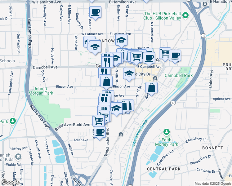 map of restaurants, bars, coffee shops, grocery stores, and more near 69 Alice Ave in Campbell