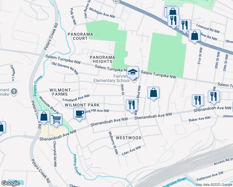 map of restaurants, bars, coffee shops, grocery stores, and more near 3617 Troutland Avenue Northwest in Roanoke
