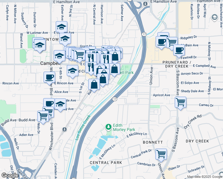 map of restaurants, bars, coffee shops, grocery stores, and more near 134 Lottie Lane in Campbell