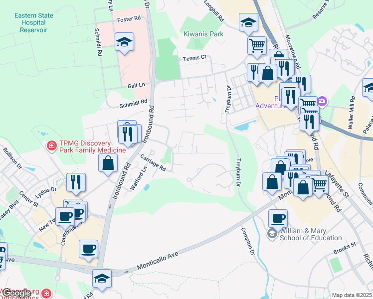 map of restaurants, bars, coffee shops, grocery stores, and more near 306 Carriage Road in Williamsburg