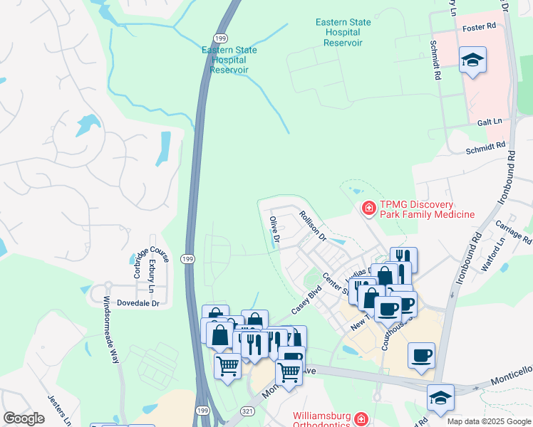map of restaurants, bars, coffee shops, grocery stores, and more near 4400 Olive Drive in Williamsburg