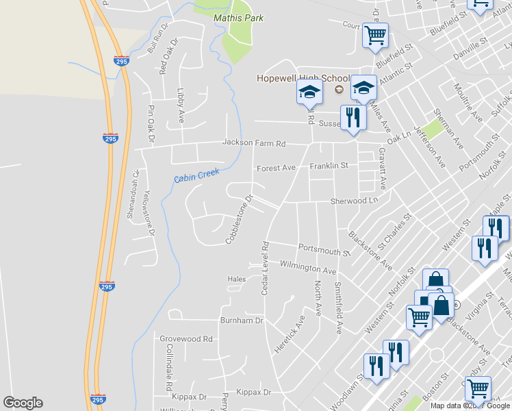 map of restaurants, bars, coffee shops, grocery stores, and more near 3407 Cobblestone Lane in Hopewell