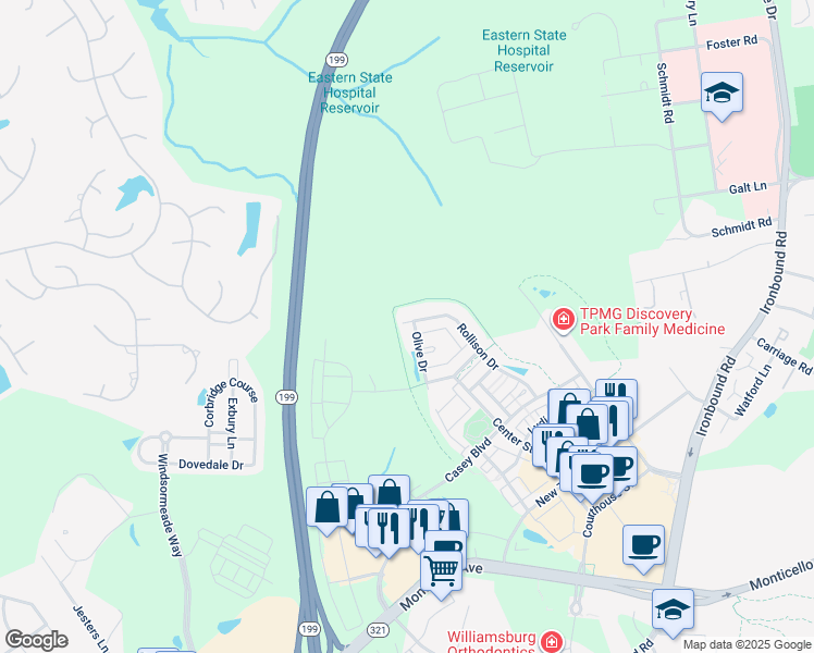 map of restaurants, bars, coffee shops, grocery stores, and more near 4400 Olive Drive in Williamsburg