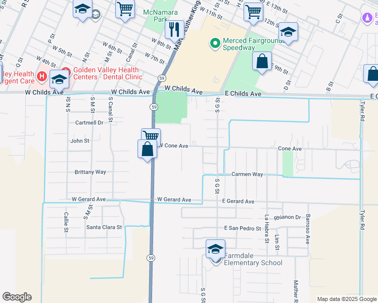 map of restaurants, bars, coffee shops, grocery stores, and more near 122 Cone Avenue in Merced
