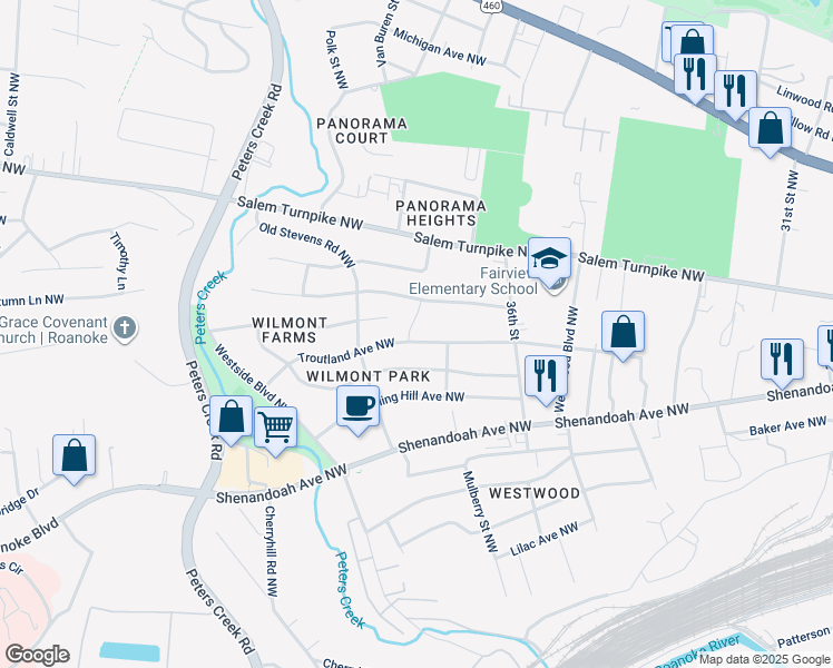 map of restaurants, bars, coffee shops, grocery stores, and more near 3723 Troutland Avenue Northwest in Roanoke