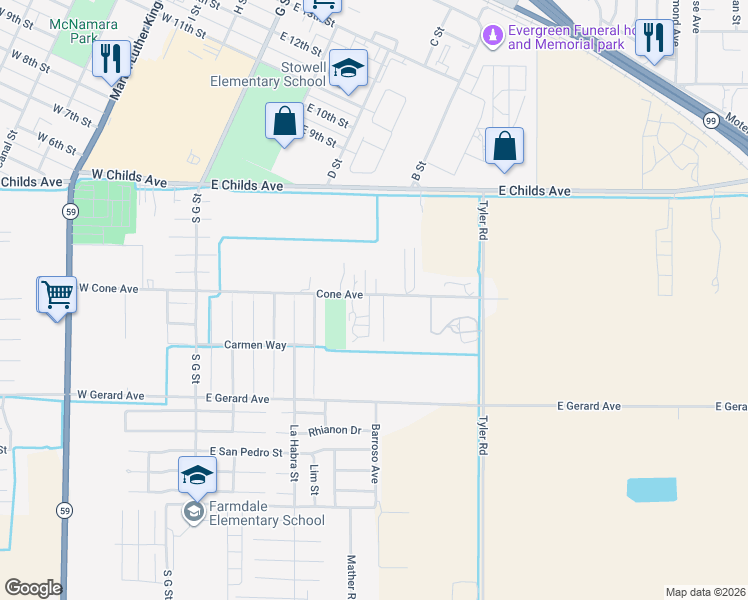 map of restaurants, bars, coffee shops, grocery stores, and more near 518 Cone Avenue in Merced