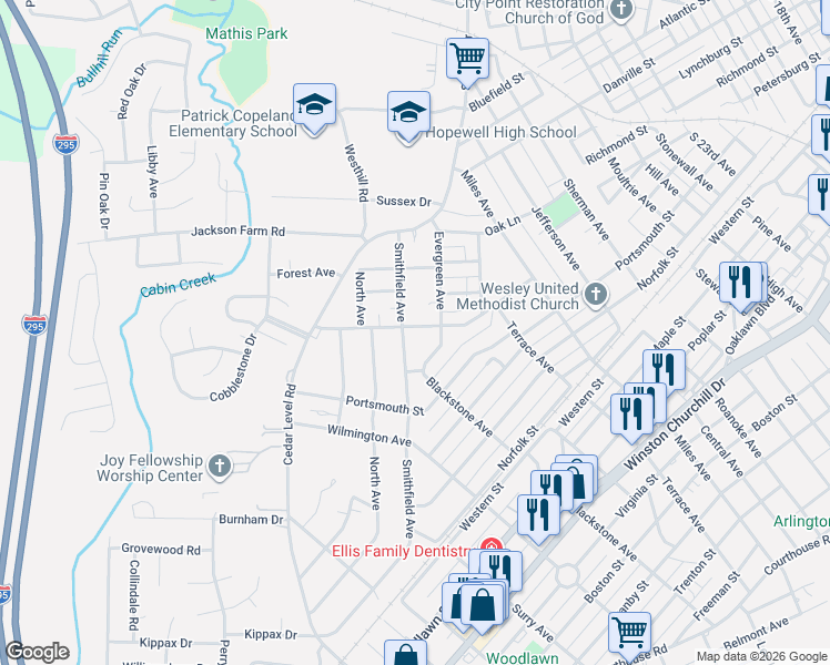 map of restaurants, bars, coffee shops, grocery stores, and more near 3102 Sherwood Lane in Hopewell