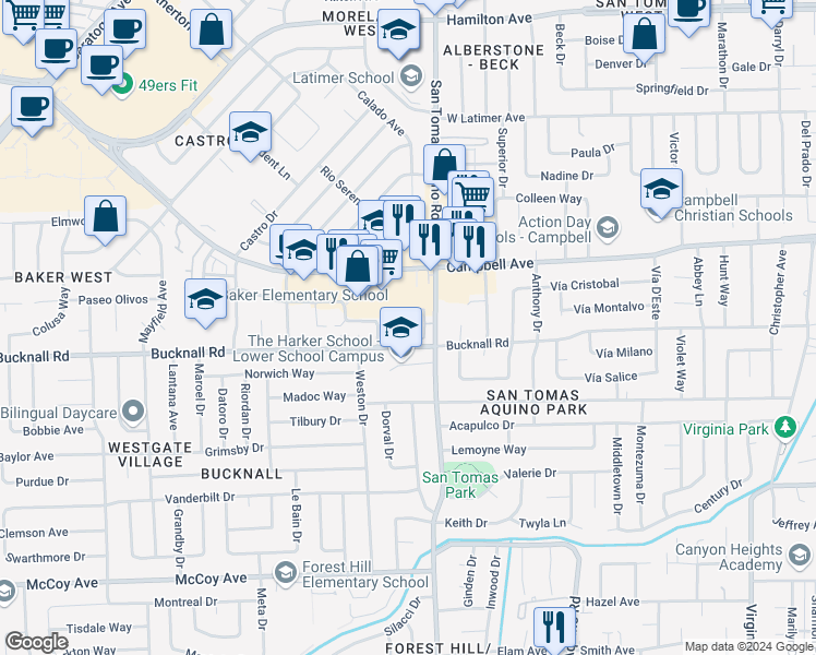 map of restaurants, bars, coffee shops, grocery stores, and more near 120 John Kirk Court in Campbell