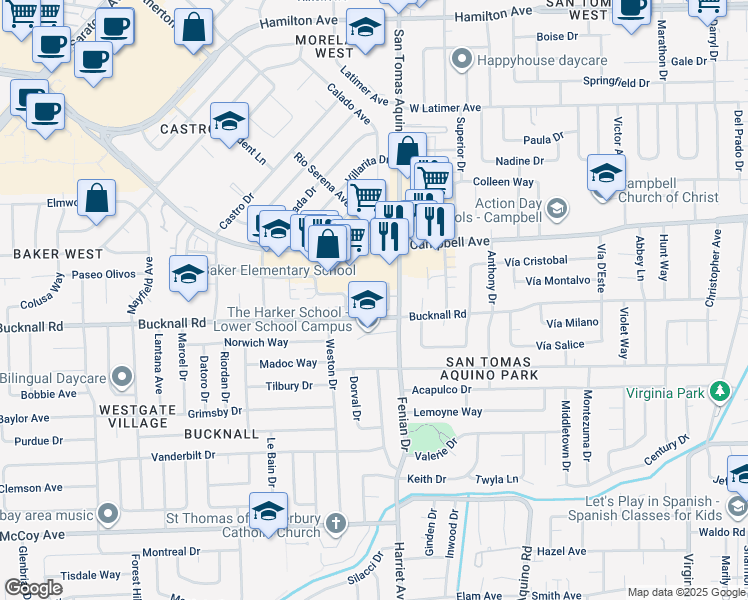 map of restaurants, bars, coffee shops, grocery stores, and more near 120 John Kirk Court in Campbell