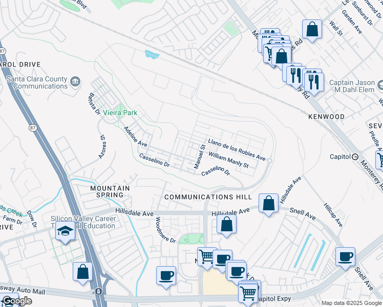 map of restaurants, bars, coffee shops, grocery stores, and more near 3078 Lina Loop in San Jose