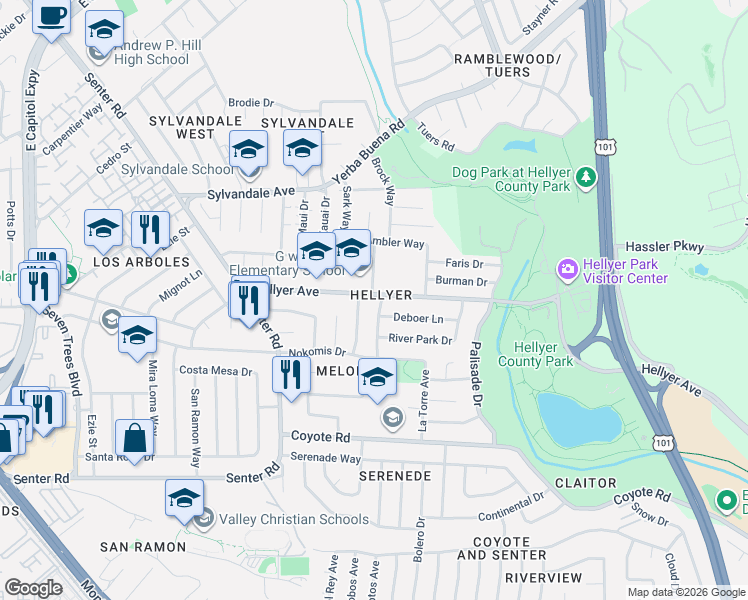 map of restaurants, bars, coffee shops, grocery stores, and more near in San Jose