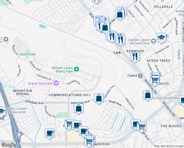 map of restaurants, bars, coffee shops, grocery stores, and more near 2994 Valley of Hearts Delight Place in San Jose