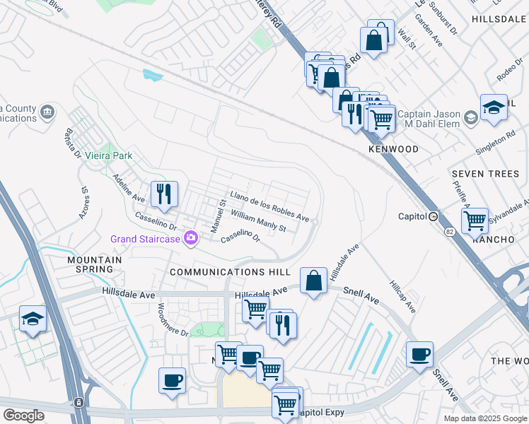 map of restaurants, bars, coffee shops, grocery stores, and more near in San Jose