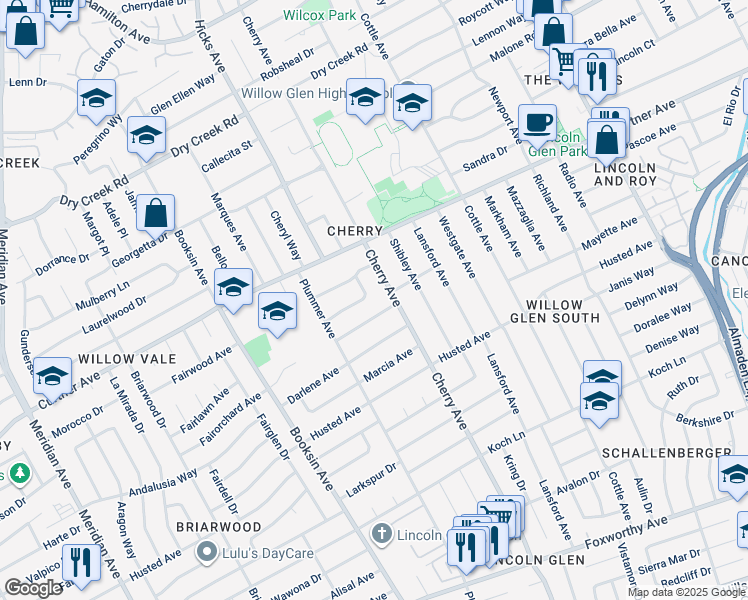 map of restaurants, bars, coffee shops, grocery stores, and more near 1479 Maxine Avenue in San Jose