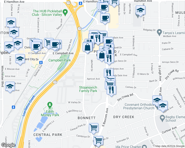 map of restaurants, bars, coffee shops, grocery stores, and more near 907 Apricot Avenue in Campbell