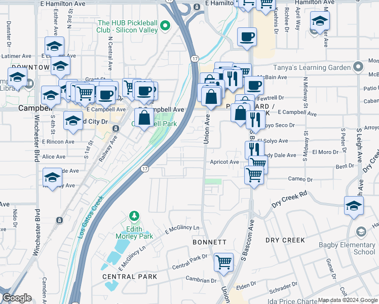 map of restaurants, bars, coffee shops, grocery stores, and more near 215 Union Avenue in Campbell