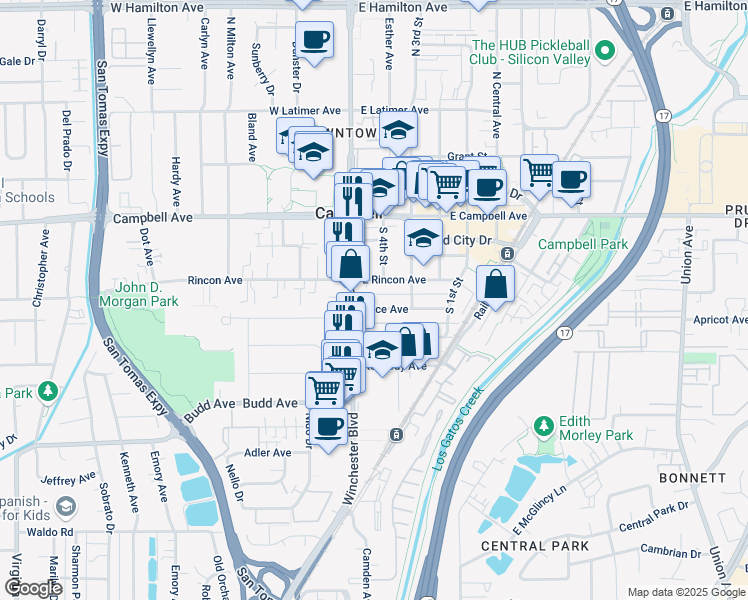map of restaurants, bars, coffee shops, grocery stores, and more near 69 Alice Avenue in Campbell