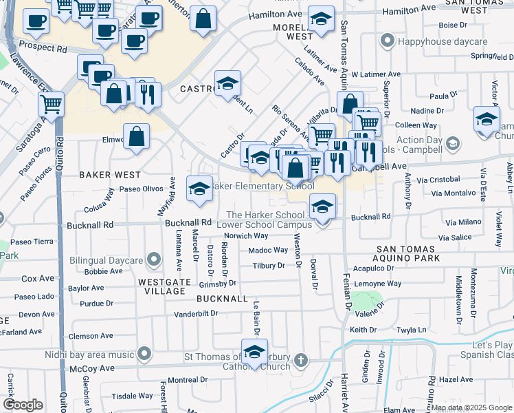 map of restaurants, bars, coffee shops, grocery stores, and more near 127 Winslow Court in Campbell