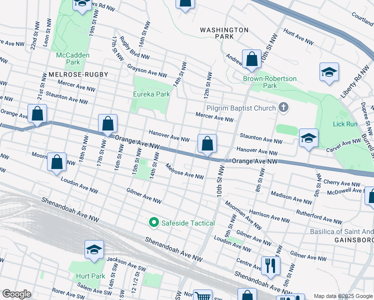 map of restaurants, bars, coffee shops, grocery stores, and more near 1211 Orange Avenue Northwest in Roanoke