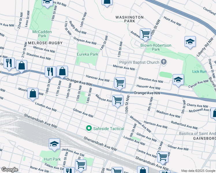 map of restaurants, bars, coffee shops, grocery stores, and more near 1211 Orange Avenue Northwest in Roanoke