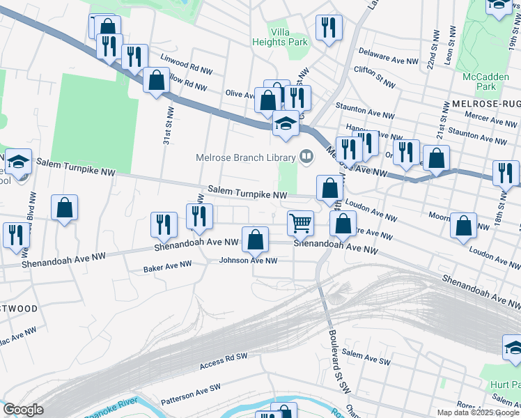map of restaurants, bars, coffee shops, grocery stores, and more near 2557 Centre Avenue Northwest in Roanoke