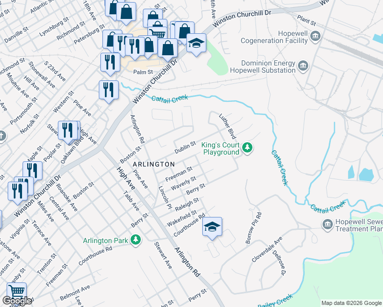 map of restaurants, bars, coffee shops, grocery stores, and more near 2205 Trenton Street in Hopewell