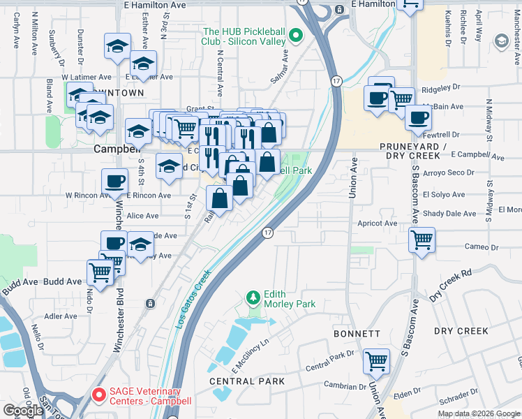 map of restaurants, bars, coffee shops, grocery stores, and more near 134 Lottie Lane in Campbell