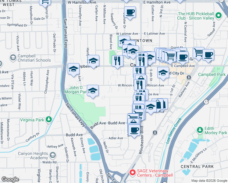map of restaurants, bars, coffee shops, grocery stores, and more near 170 West Rincon Avenue in Campbell