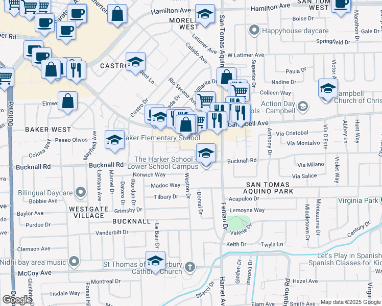 map of restaurants, bars, coffee shops, grocery stores, and more near 1670 Whitwood Lane in Campbell