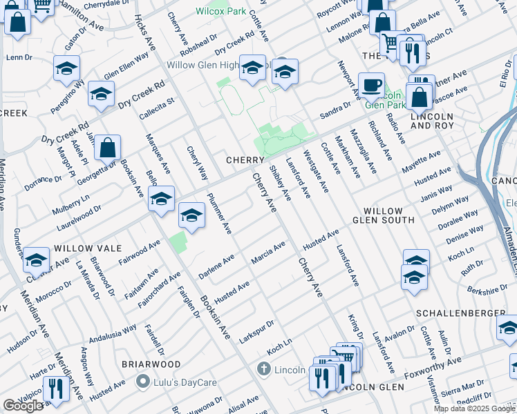 map of restaurants, bars, coffee shops, grocery stores, and more near 1479 Maxine Avenue in San Jose