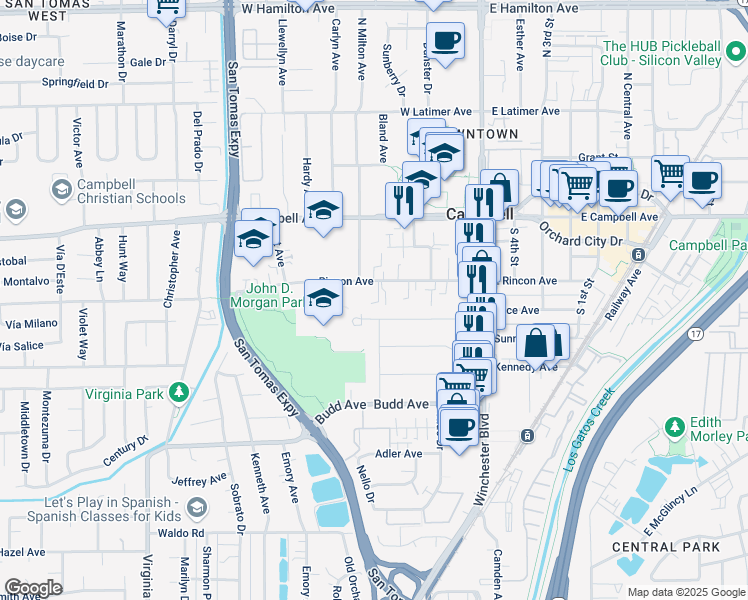 map of restaurants, bars, coffee shops, grocery stores, and more near 266 West Rincon Avenue in Campbell