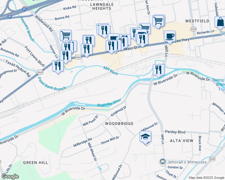 map of restaurants, bars, coffee shops, grocery stores, and more near 1765 Salem Industrial Drive in Salem