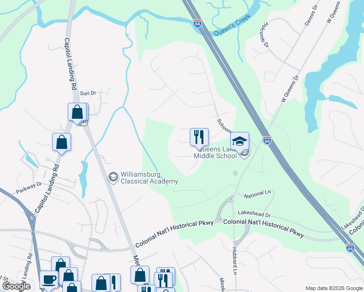 map of restaurants, bars, coffee shops, grocery stores, and more near 109 Starboard Ct in Williamsburg