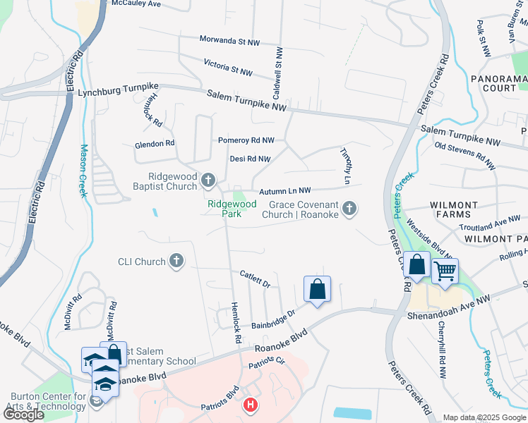 map of restaurants, bars, coffee shops, grocery stores, and more near 4841 Oak Rd NW in Roanoke