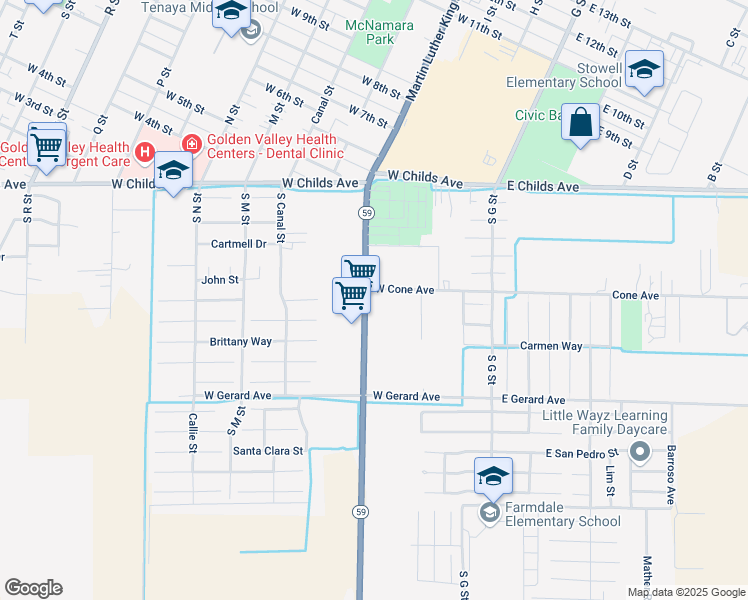 map of restaurants, bars, coffee shops, grocery stores, and more near 320 Los Banos Highway in Merced