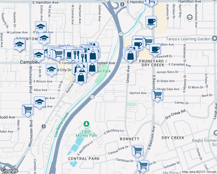 map of restaurants, bars, coffee shops, grocery stores, and more near 185 Union Avenue in Campbell