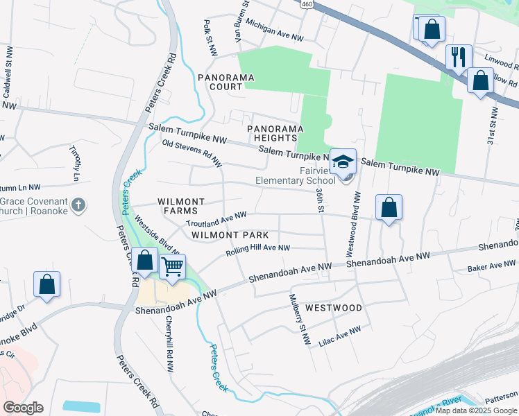 map of restaurants, bars, coffee shops, grocery stores, and more near 3723 Troutland Avenue Northwest in Roanoke